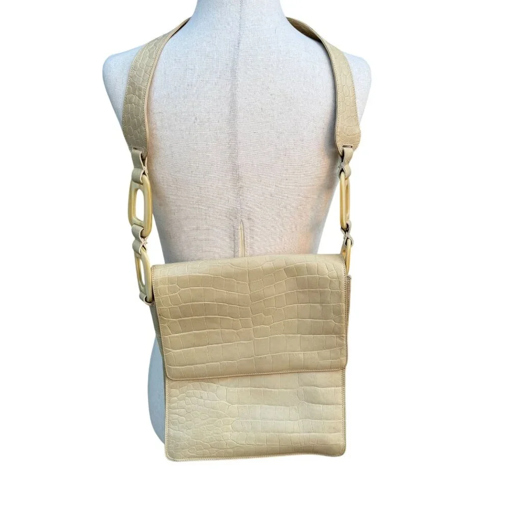 Maraolo Vintage Cream Croc Embossed Leather Crossbody Bag Made Italy Resin Link‎